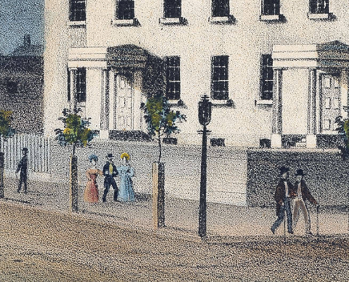 J. C. Wild, Pennsylvania Institution for the Instruction of the Blind. Philadelphia, 1838. Hand-colored print. 6.5 x 7.25 in. Picture shows a four-story rectangular building with many rectangular windows. The building includes two front entrances with porticos. The structure is white, and its front is lit by sunlight. Pedestrians – eight total with six men, two ladies, and one boy – walk on the sidewalk in front of and across from the building. Small trees evenly line the sidewalk in front and to the left of the building. A dark-colored watchman’s guardhouse, shaped like a chimney, stands across the street from the building. A man with a cane, and a boy, holding his hand, walk past the guardhouse. The boy appears to be gesturing in the direction of the guardhouse and the building. [End of description]