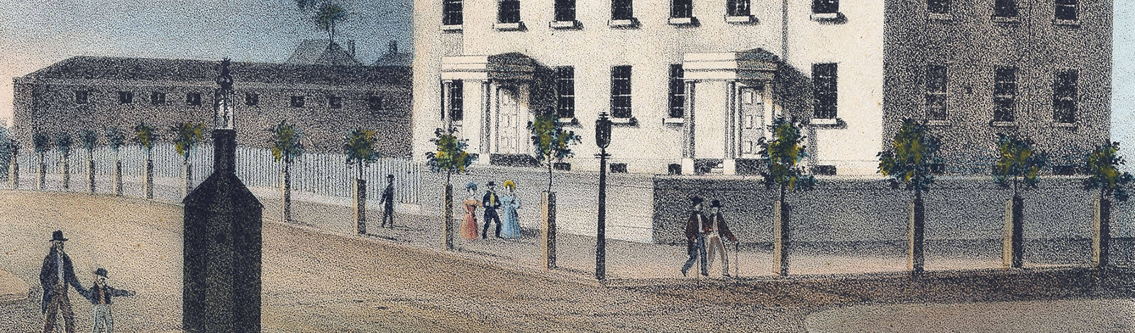 J. C. Wild, Pennsylvania Institution for the Instruction of the Blind. Philadelphia, 1838. Hand-colored print. 6.5 x 7.25 in. Picture shows a four-story rectangular building with many rectangular windows. The building includes two front entrances with porticos. The structure is white, and its front is lit by sunlight. Pedestrians – eight total with six men, two ladies, and one boy – walk on the sidewalk in front of and across from the building. Small trees evenly line the sidewalk in front and to the left of the building. A dark-colored watchman’s guardhouse, shaped like a chimney, stands across the street from the building. A man with a cane, and a boy, holding his hand, walk past the guardhouse. The boy appears to be gesturing in the direction of the guardhouse and the building. [End of description]