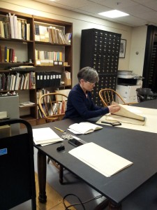 Artist-in-residence Teresa Jaynes researching in the Print Department, January 2015.