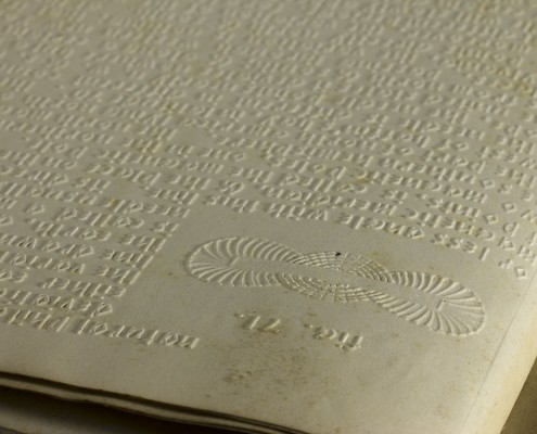 Denison Olmstead, The Rudiments of Natural Philosophy. Boston, 1845. This picture shows an up-close, detailed portion of a tactile page in upside-down orientation to the viewer. In the upper left corner of the page, the viewer’s lower right, is a small, detailed, raised symbol labeled “fig. 71.”. The symbol is made of three ovals overlapping side by side with a thin, horizontal rectangle running through the middle of all three. The middle oval is made from many thin, concentric ovals. The two side ovals are made from lines that radiate out from the edges of the rectangle, like veins radiating out from the center of a leaf to its edges. The page is mostly composed of text, most of which extends beyond the picture's frame and is semi-illegible in its upside-down orientation. A few partial lines are discernible: “natural philosop-,” “deviation,” “either east o-,” “the variation,” “line drawn on,” “the earth, due,” and “is called a meri-”. The paper is off-white, with small brown stains and smudges. [End of description]