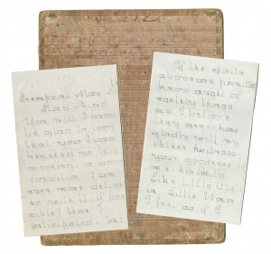 Manuscript letters signed “Jenny,” and pasteboard writing guide, late 19th century.