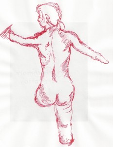 Picture depicts a nude figure study of the back of a woman with shortened legs and arms drawn in red ink on white paper. The figure is upright. She looks to the viewer’s left. Her hair is swept away from her face and in a low ponytail. Her arms, shortened to near below the elbows, are extended out from her body. Her left leg is shortened to just below her buttocks. Her right leg is shortened to just below her knee. [end of description]