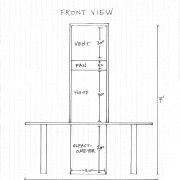 Picture shows a pencil sketch titled “Front View” on an 8 1/2 x 11 in. piece of white paper with faint, vertical ruled black lines. In the center of the page is a tall, vertical rectangle. A measurement line labeled “20 [in.]” runs horizontally along the inside bottom edge of the rectangle. A long measurement line runs vertically along the right side of the rectangle. The line is divided into four segments and labeled, in the right, from bottom to top: “28 [in.]”; “30 [in.]”; “5 [in.]”; “20 [in.].” The rectangle is divided into four segments. The segments are labeled, in the left, from bottom to top: “Olfactometer”; “Hood”; “Fan”; “Vent.” A two-dimensional view of a table cuts across the lower one-third of the rectangle. A measurement line labeled “6’” runs horizontally below the illustration. A measurement line labeled “7’” runs vertically to the right of the illustration. [End of description]