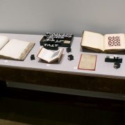 Picture shows the top of a case displaying (left to right) an open book of raised print; mathematical blocks with the upper case roman letters T,V, and L; a book open to a square-shaped illustration; a scrapbook open to a page with a paper pattern composed of a pink background with repeated rows of maroon colored crosses interspersed with rows of maroon colored squares; a sepia-toned sheet of paper on a red background; mathematical blocks; and a book resting vertically and opened to a grid-shaped illustration across from a page of printed text. The materials lay on grey linen.